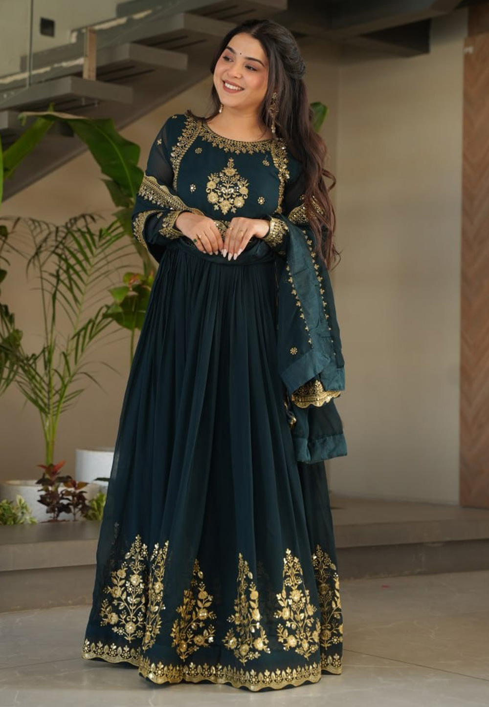 Teal Faux Georgette Readymade Long Anarkali Suit 309064