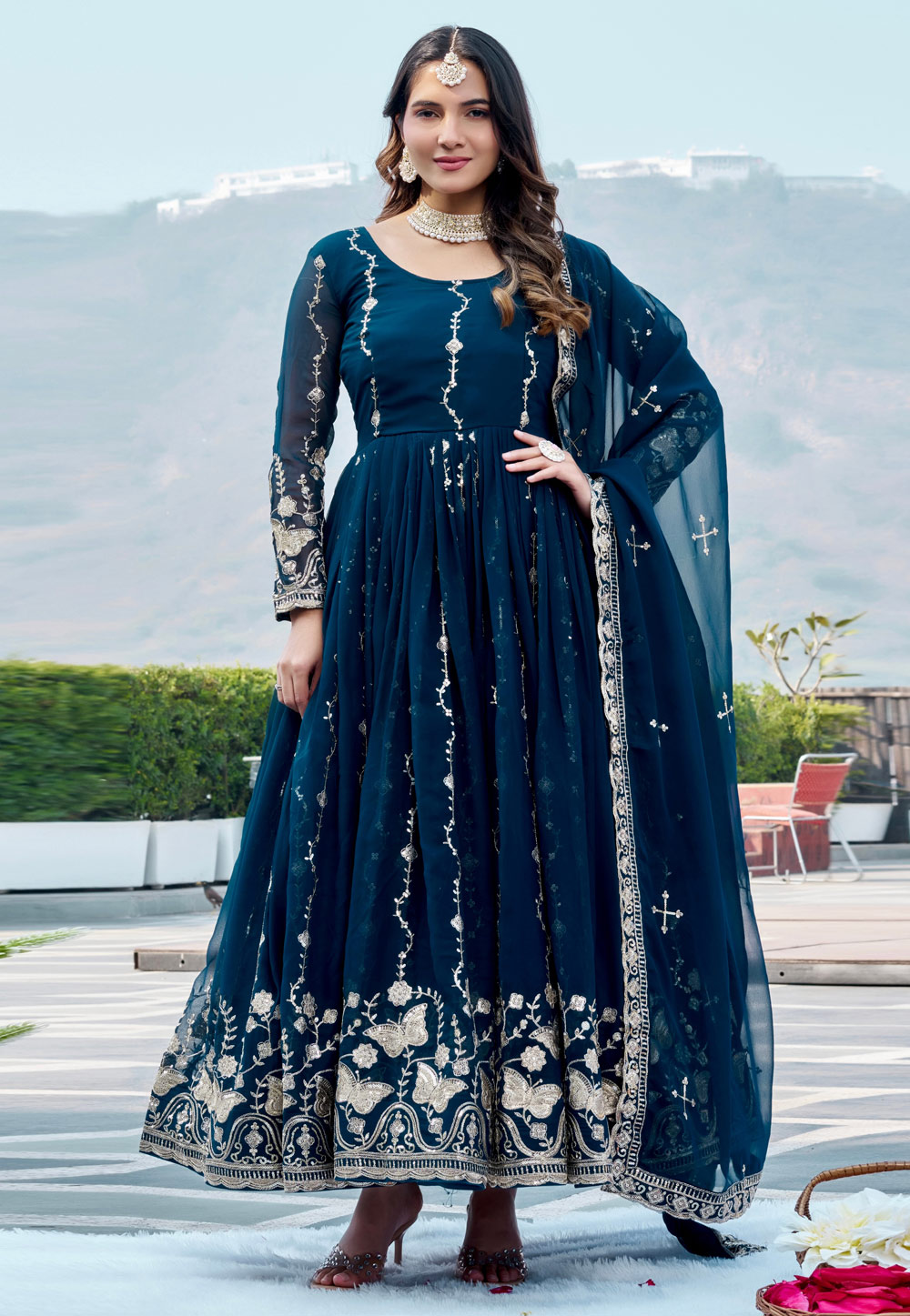 Teal Faux Georgette Readymade Long Anarkali Suit 325497