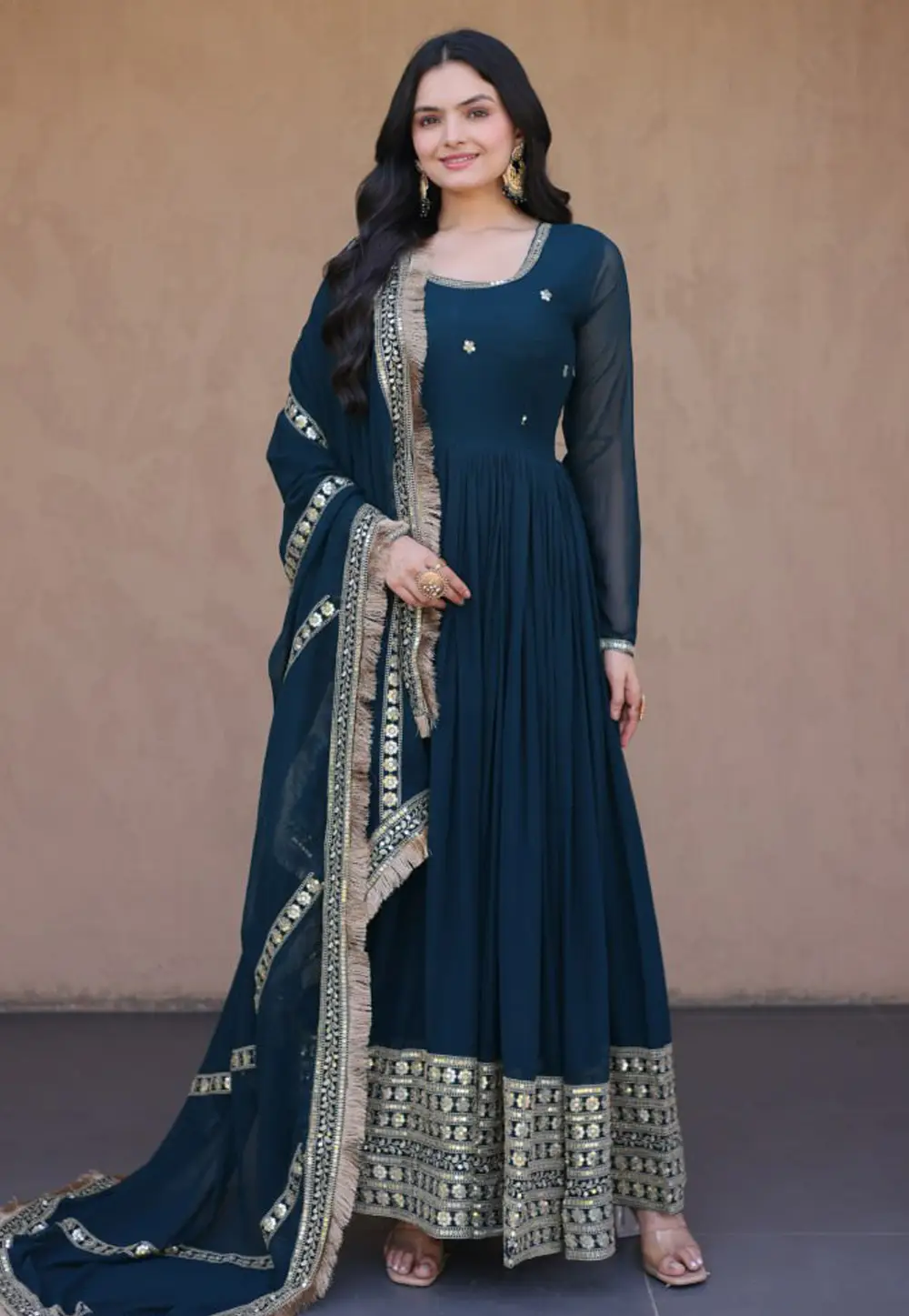 Teal Faux Georgette Readymade Long Anarkali Suit 333065