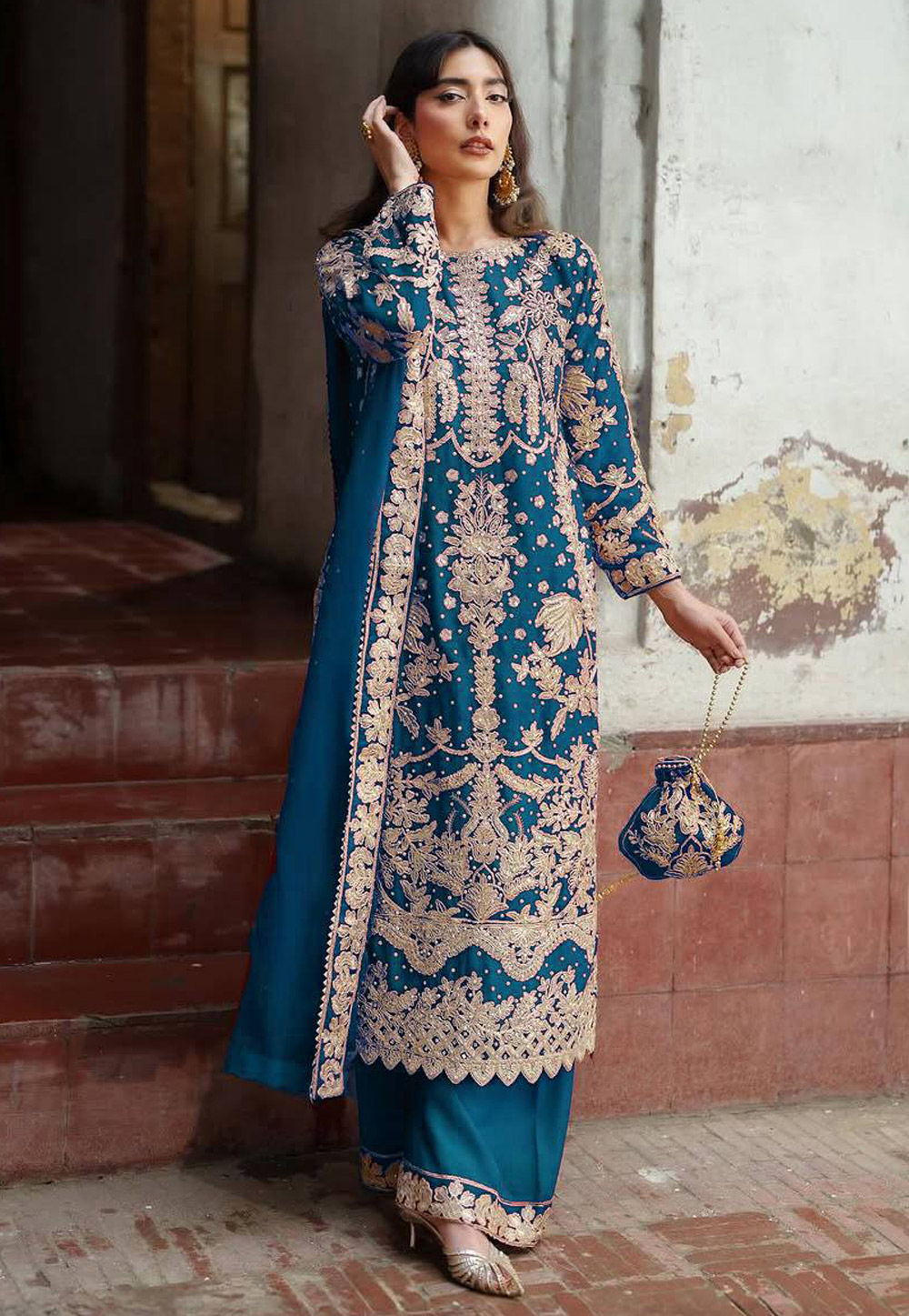 Teal Faux Georgette Readymade Pakistani Palazzo Suit 321613