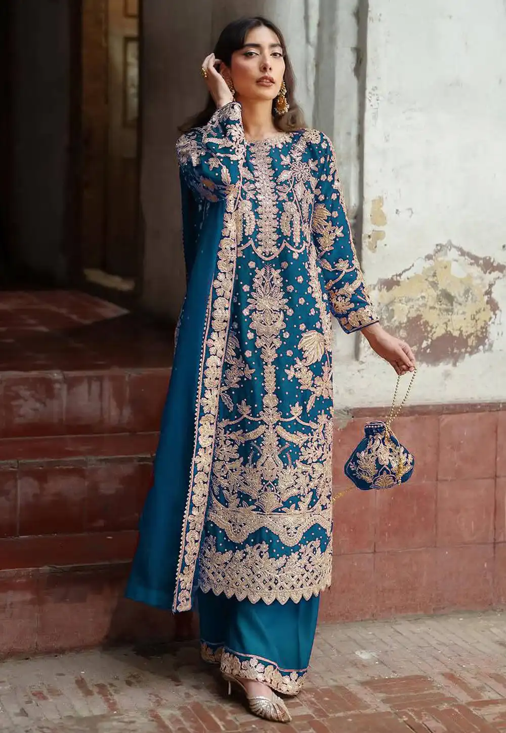 Teal Faux Georgette Readymade Pakistani Palazzo Suit 321613
