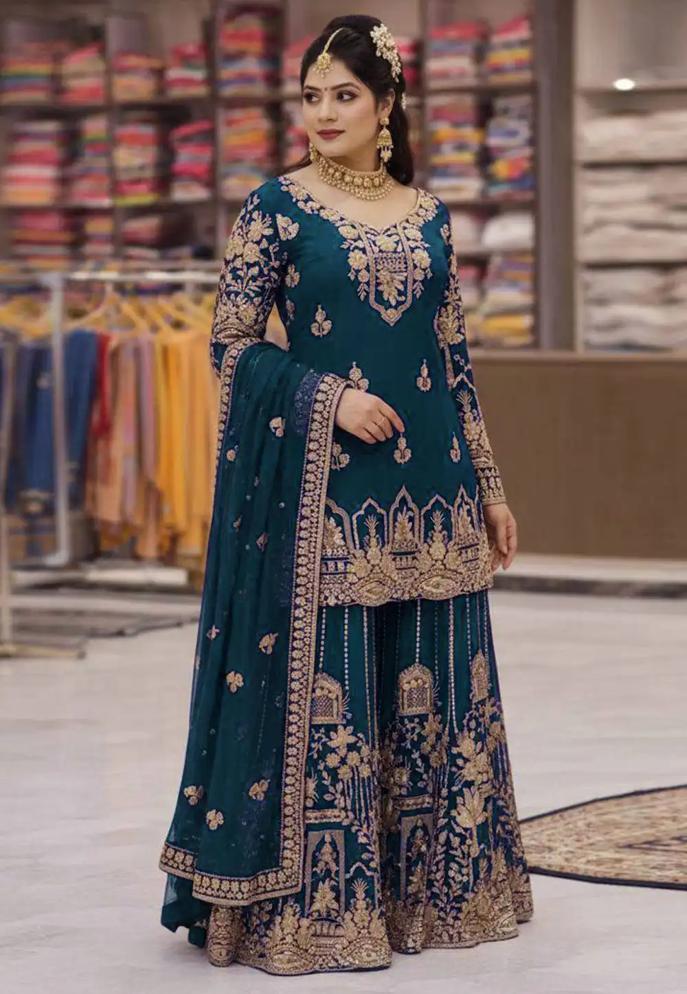 Teal Faux Georgette Readymade Pakistani Suit 329731