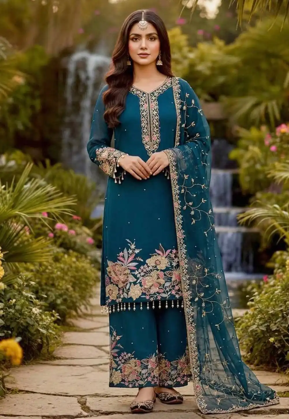 Teal Faux Georgette Readymade Pakistani Suit 326952