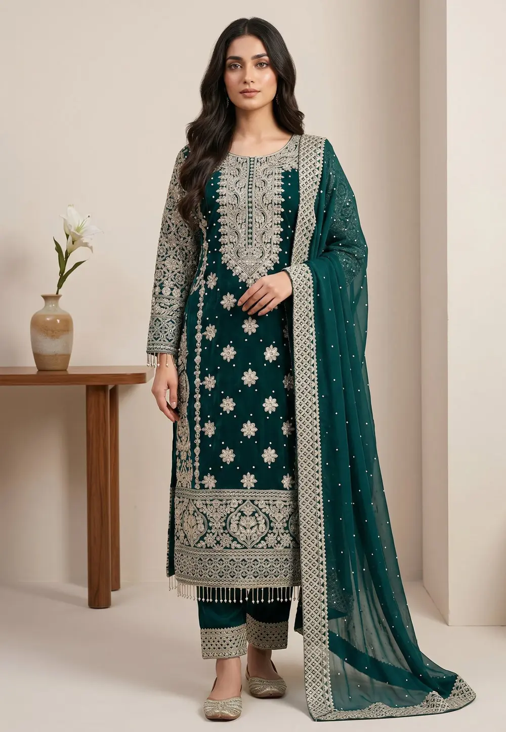 Teal Faux Georgette Readymade Pakistani Suit 332017