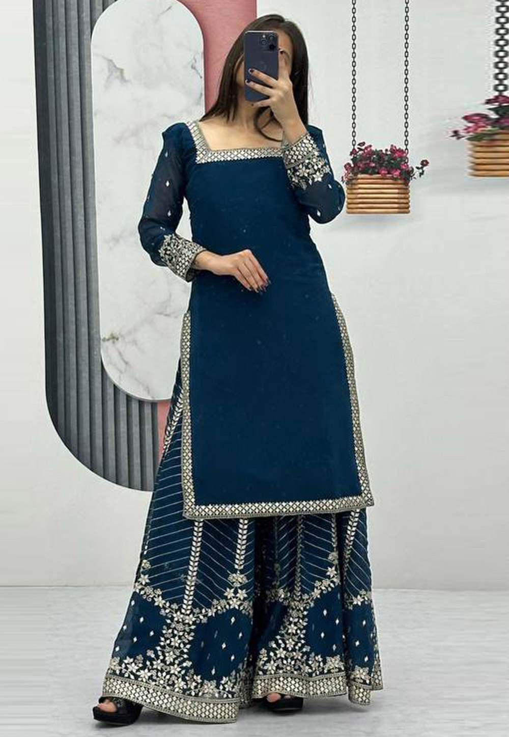 Teal Faux Georgette Readymade Palazzo Suit 328899
