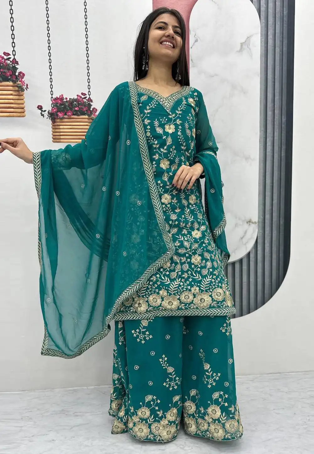 Teal Faux Georgette Readymade Palazzo Suit 328902