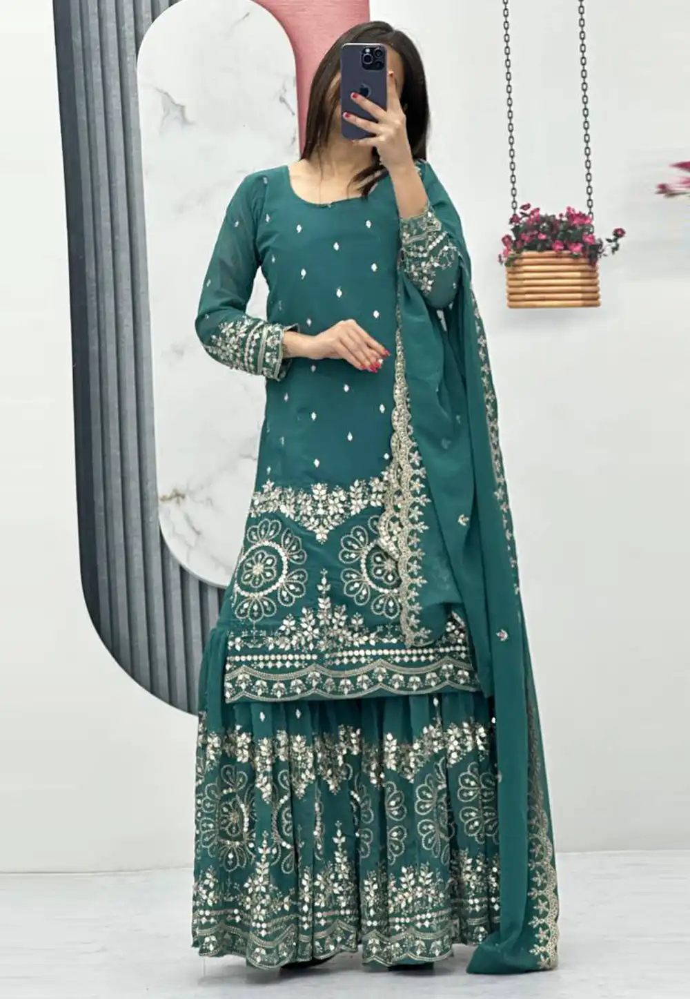 Teal Faux Georgette Readymade Sharara Suit 328901