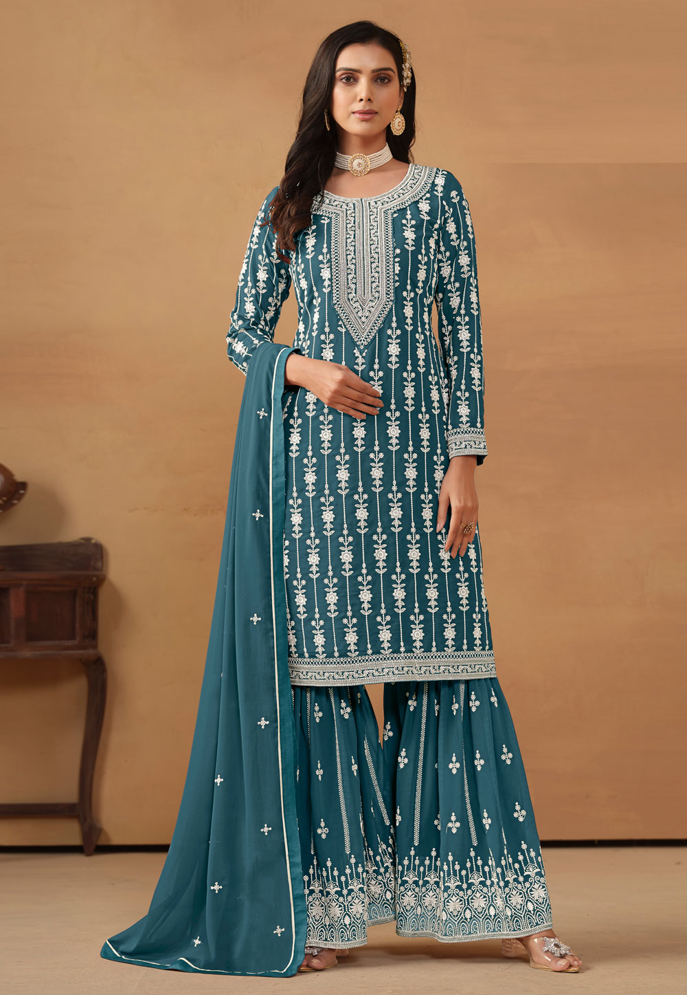 Teal Faux Georgette Sharara Suit 281544