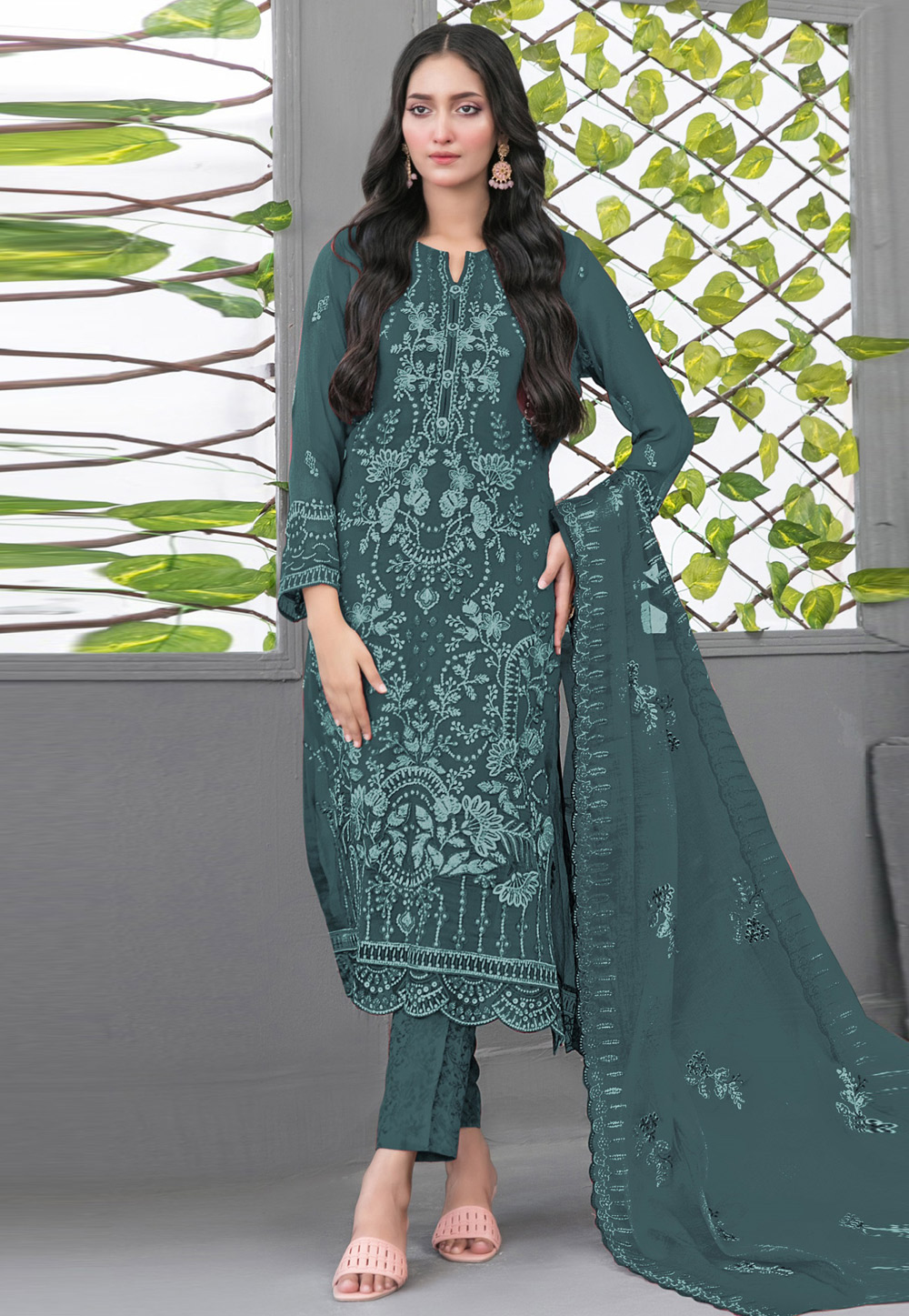 Teal Faux Georgette Straight Suit 320949