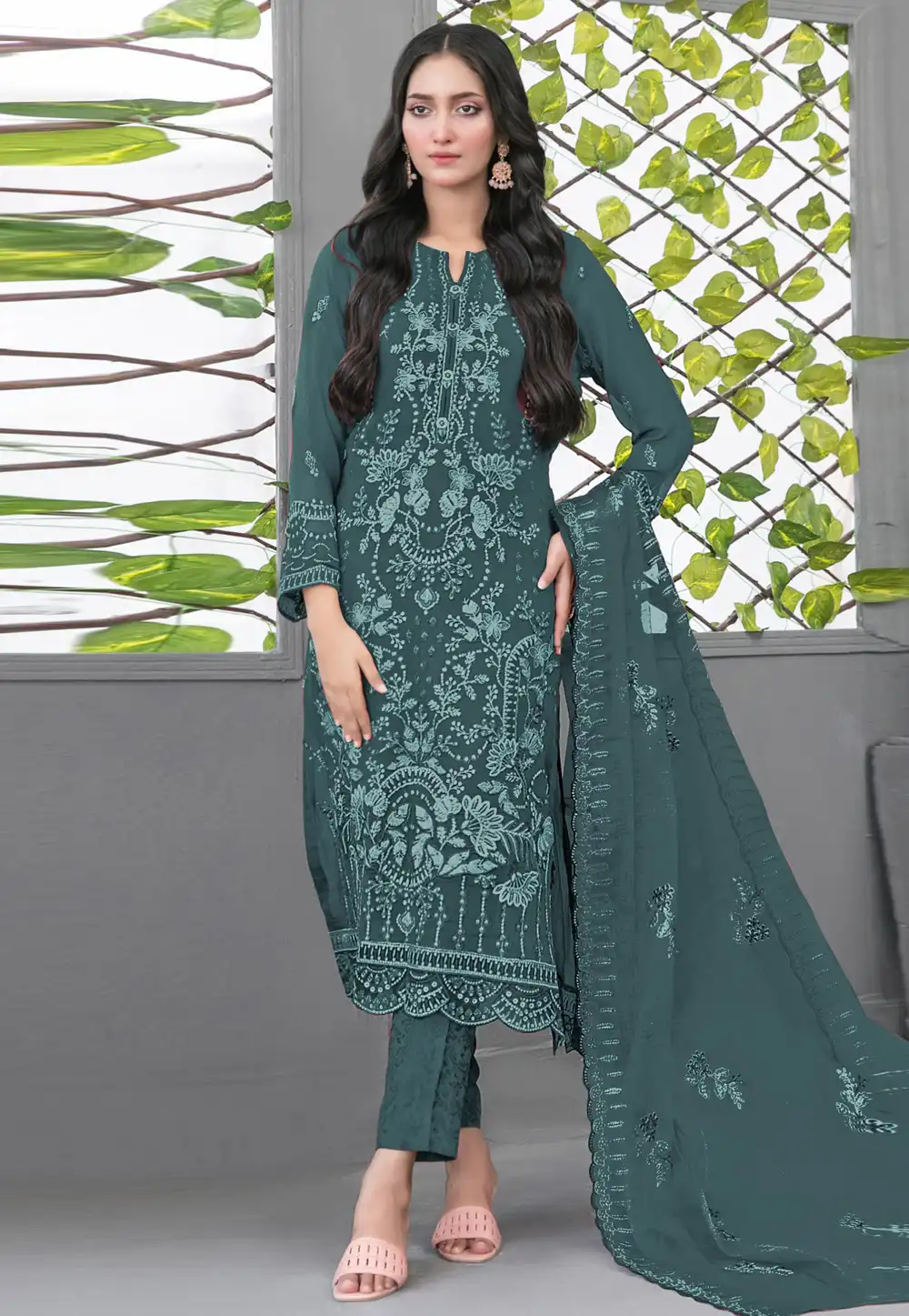 Teal Faux Georgette Straight Suit 320949