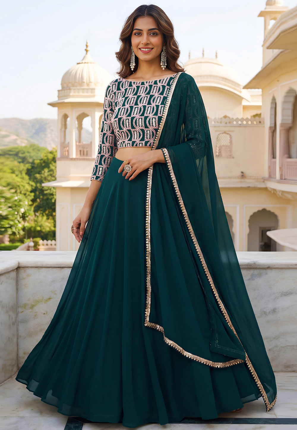 Teal Georgette A Line Lehenga Choli 322749