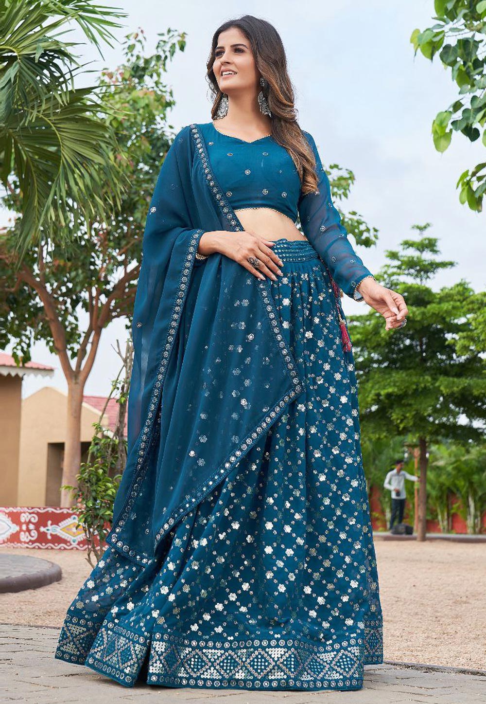 Teal Georgette A Line Lehenga Choli 327343