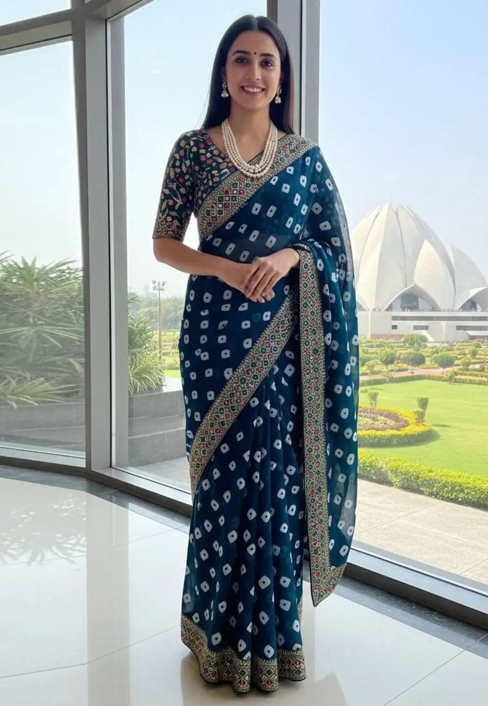 Teal Georgette Bandhani Print Saree 321664