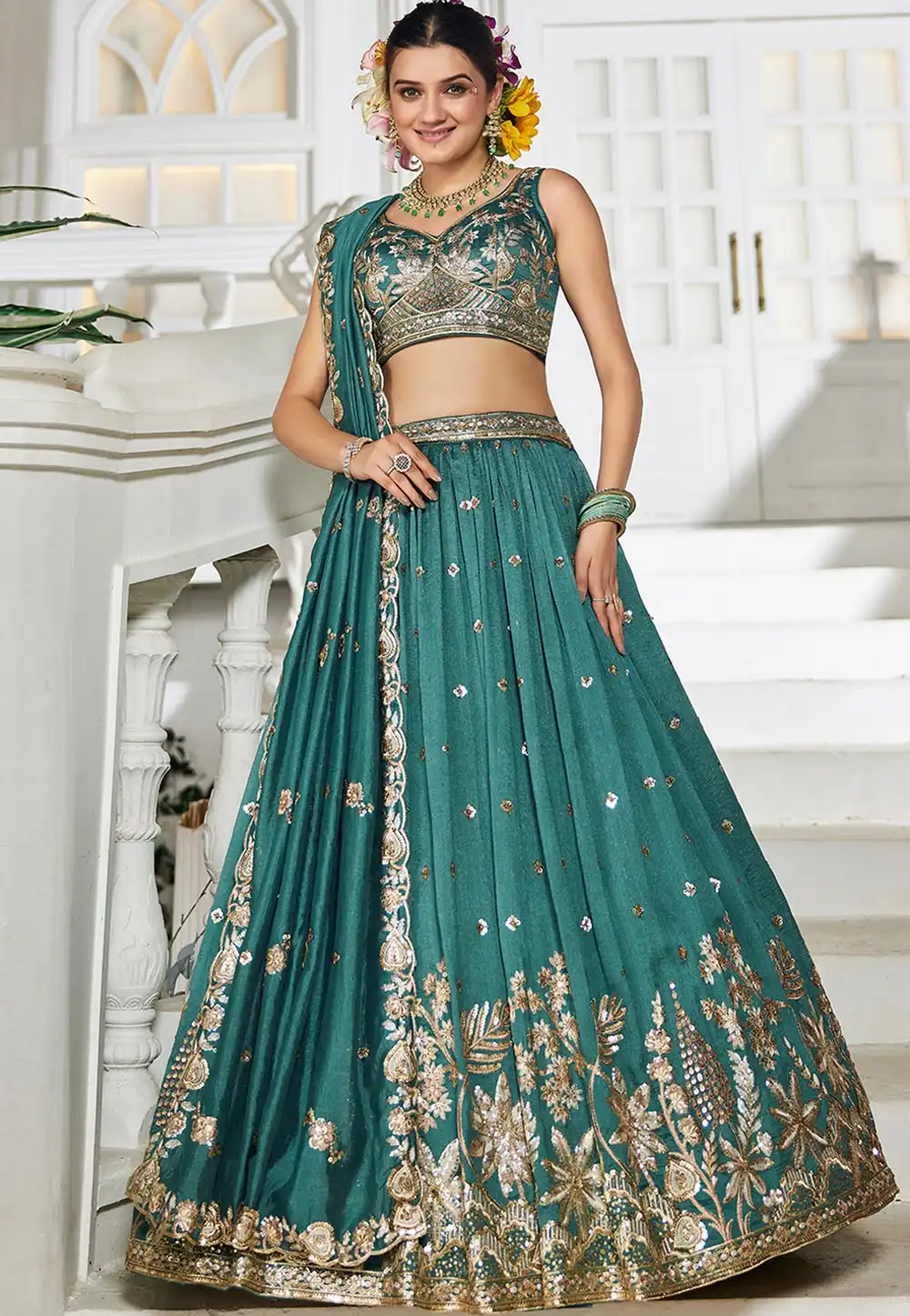 Teal Georgette Circular Lehenga Choli 314938