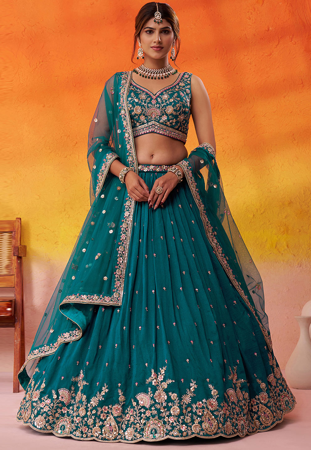 Teal Georgette Circular Lehenga Choli 322976