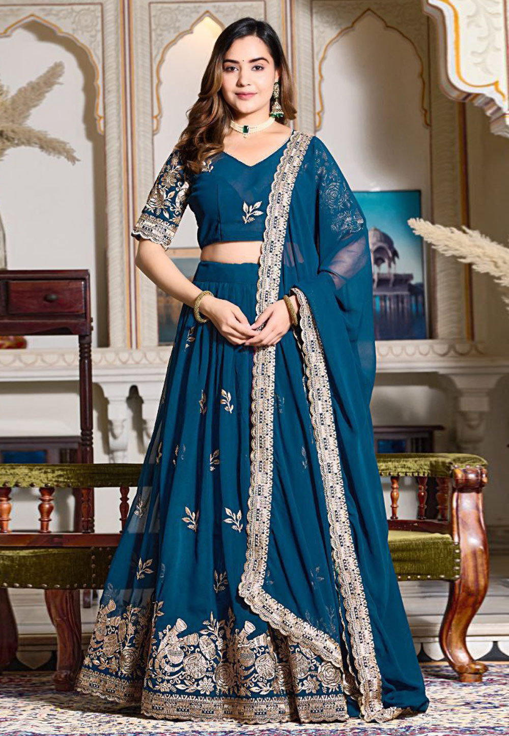 Teal Georgette Circular Lehenga Choli 287360
