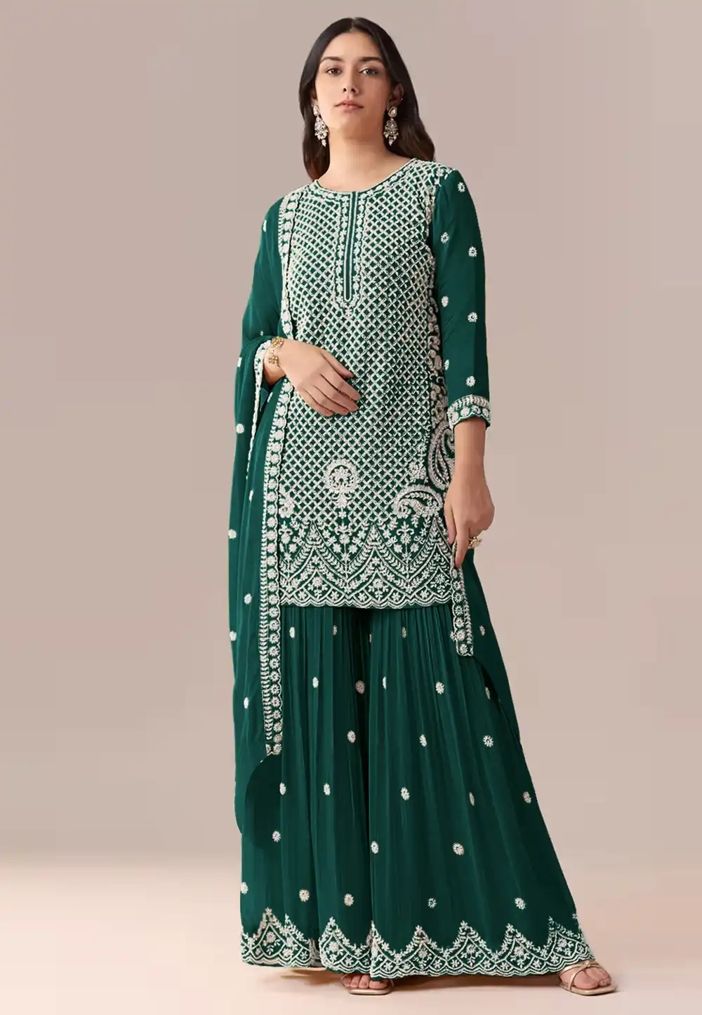 Teal Georgette Embroidered Gharara Suit 330642