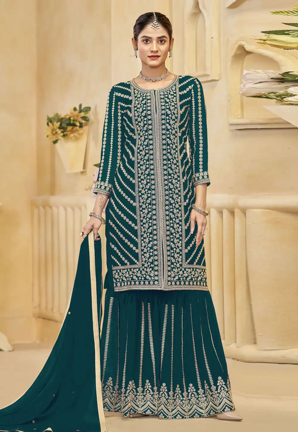 Teal Georgette Embroidered Gharara Suit 330660