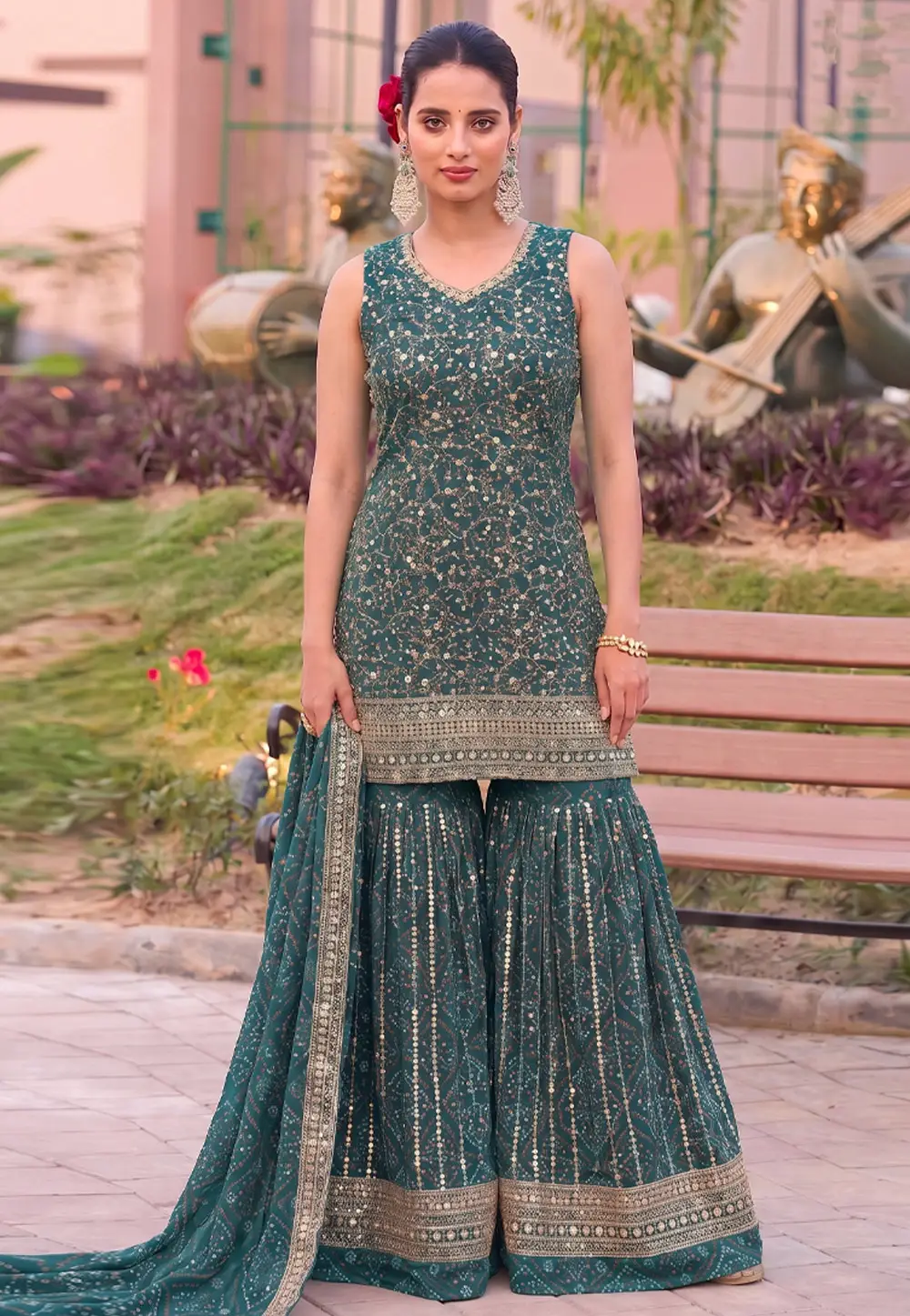 Teal Georgette Embroidered Gharara Suit 331171
