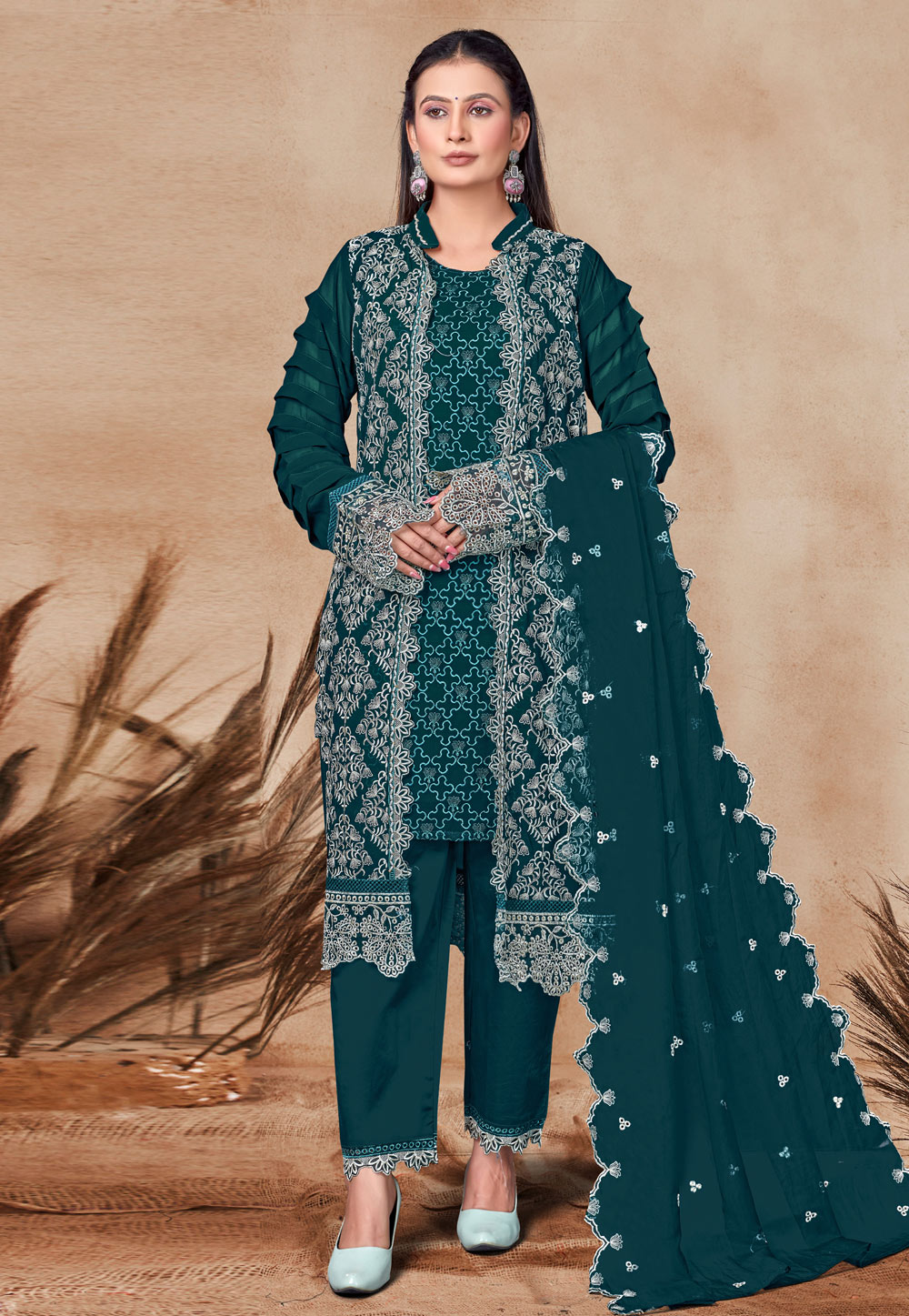 Teal Georgette Embroidered Jacket Style Suit 307479