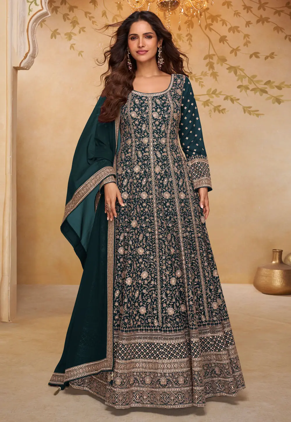 Teal Georgette Embroidered Long Anarkali Suit 335867