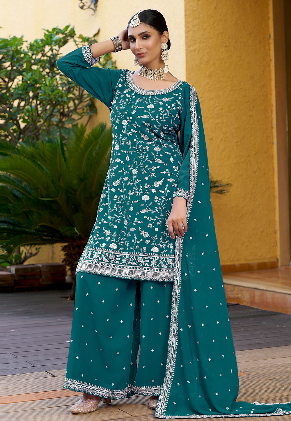 Teal Georgette Embroidered Pakistani Suit 306669