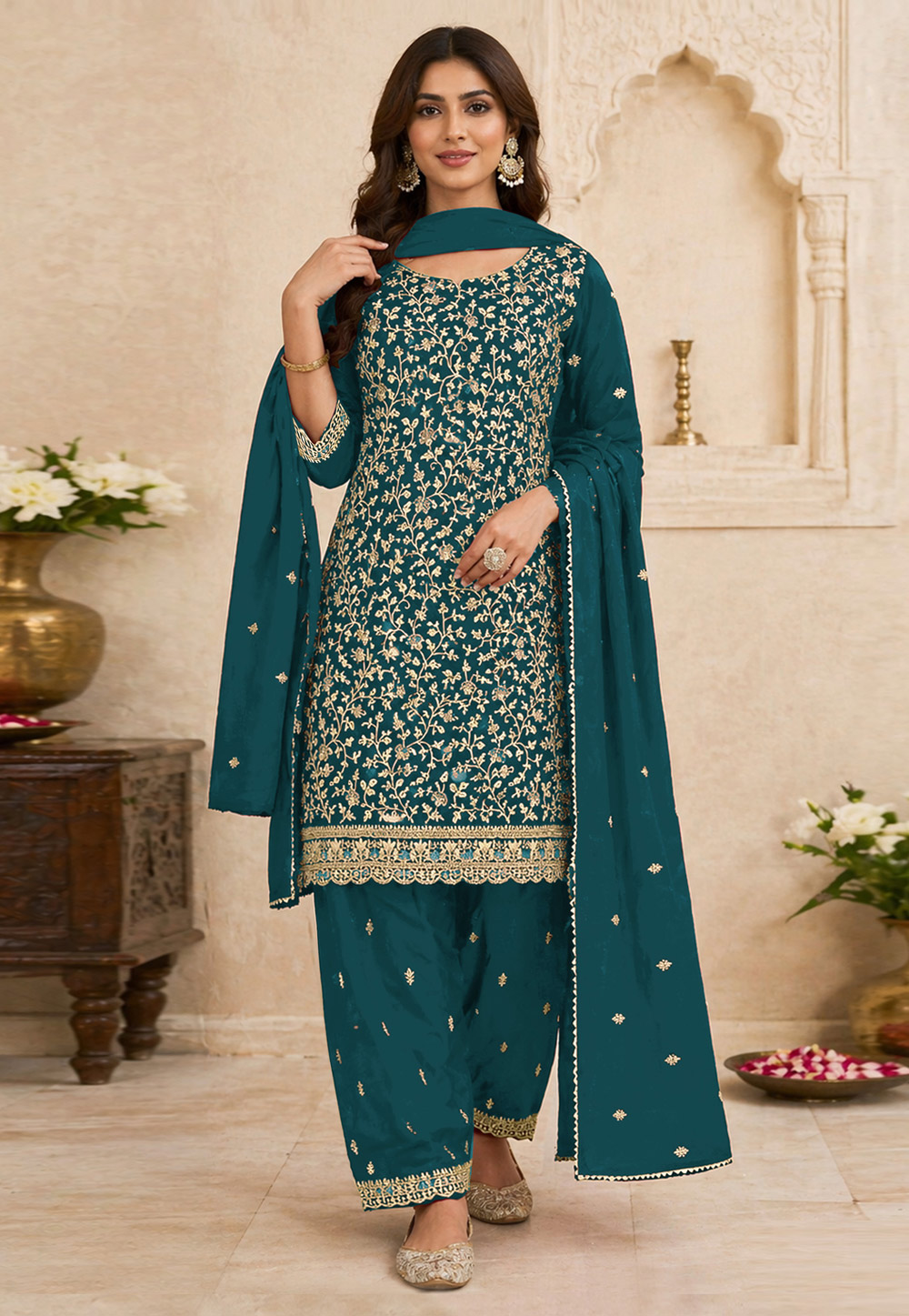 Teal Georgette Embroidered Palazzo Suit 330379