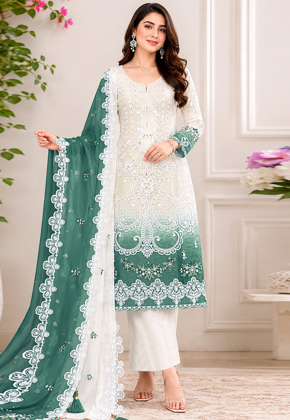 Teal Georgette Embroidered Palazzo Suit 330363