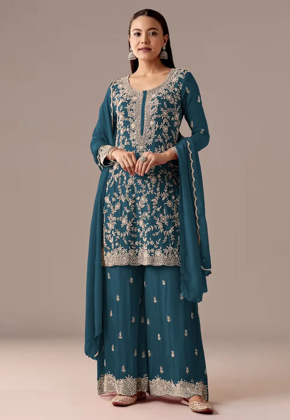 Teal Georgette Embroidered Palazzo Suit 333445