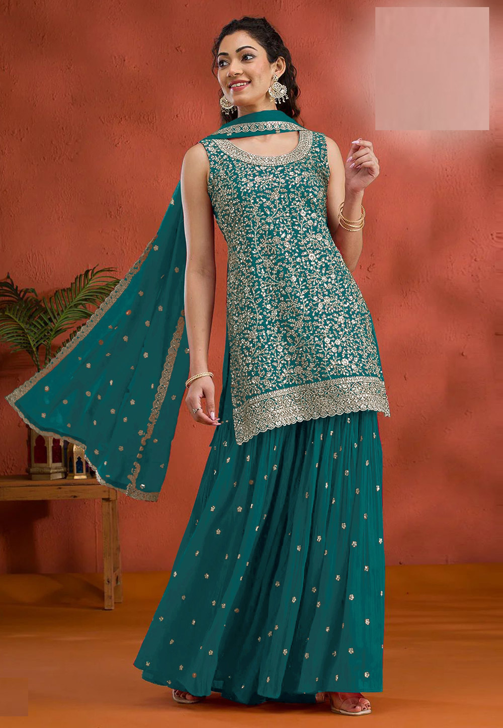 Teal Georgette Gharara Suit 318726