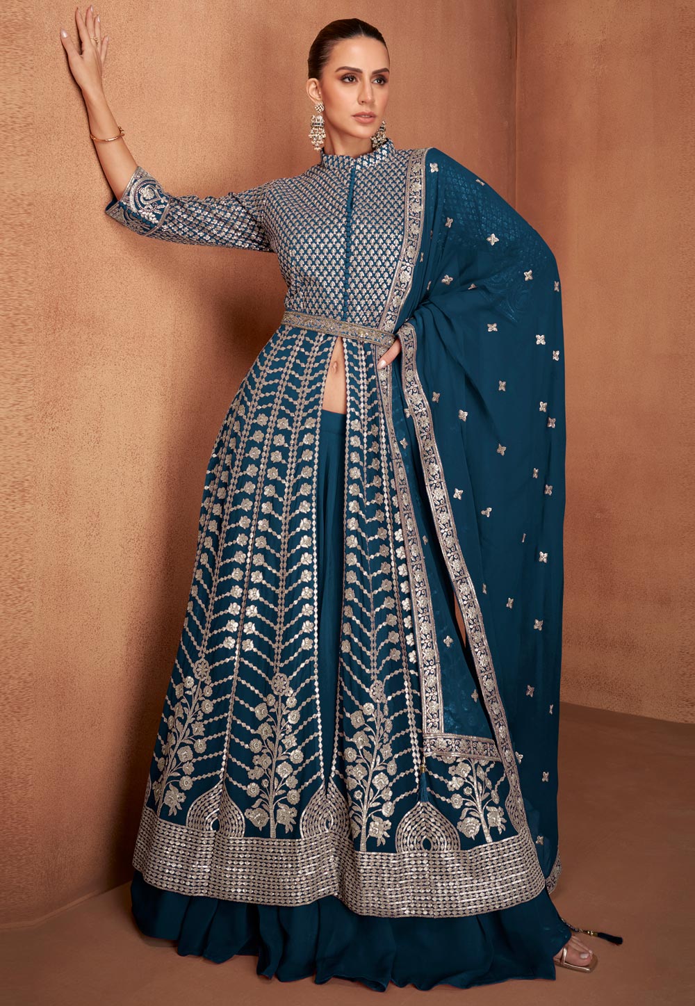 Teal Georgette Indo Western Lehenga Choli 320936