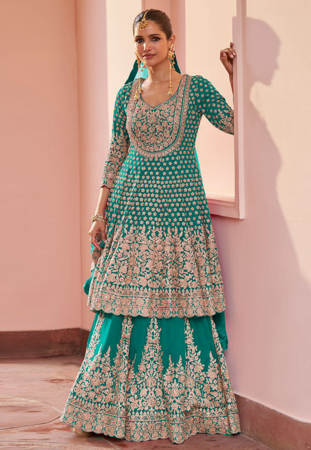 Teal Georgette Indo Western Lehenga Choli 325311