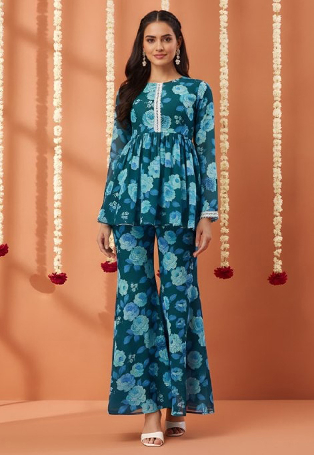 Teal Georgette Kurta Set With Sharara 321948