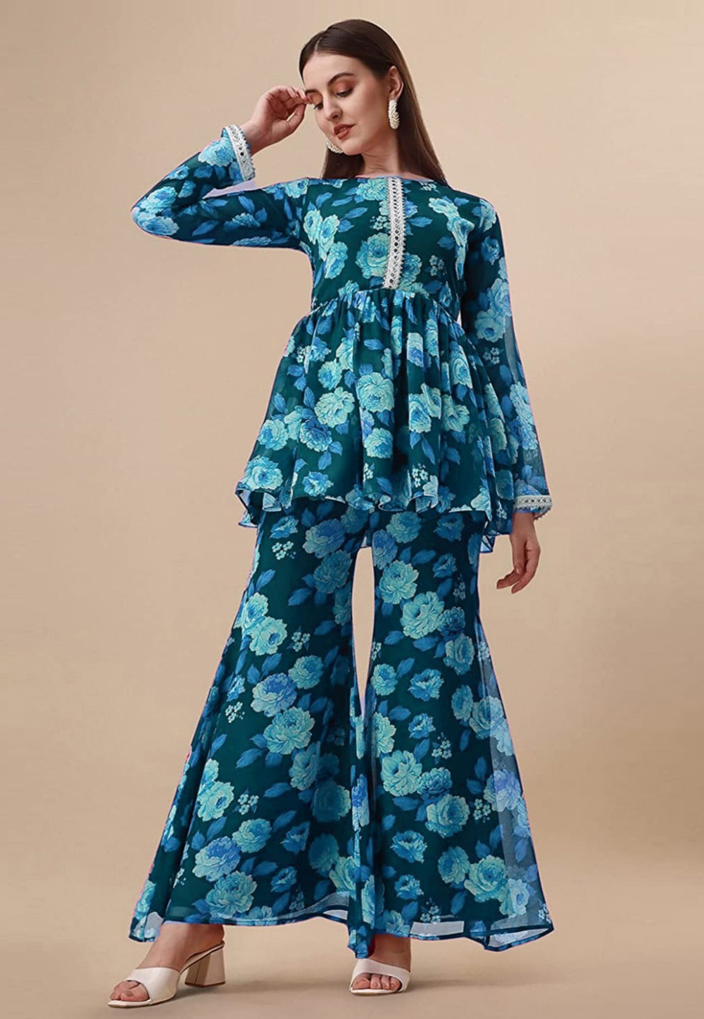 Teal Georgette Kurta Set With Sharara 284031