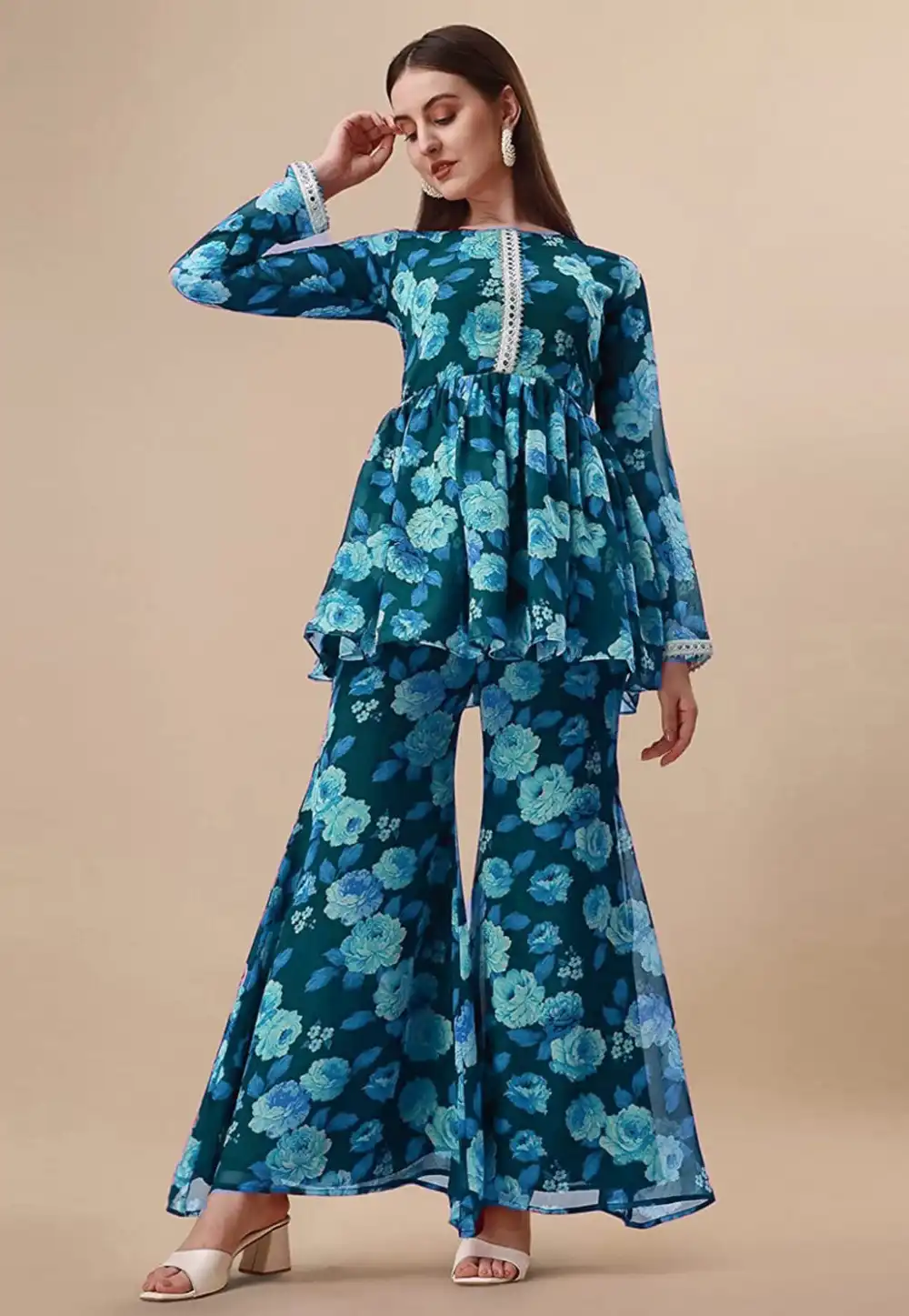 Teal Georgette Kurta Set With Sharara 284031