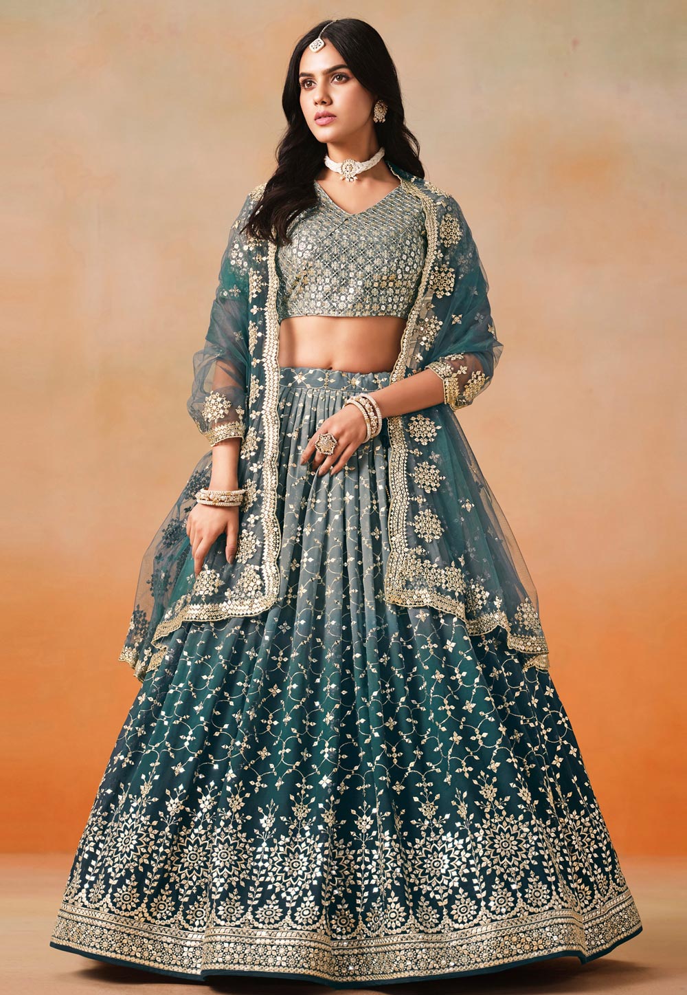 Teal Georgette Lehenga Choli 311640