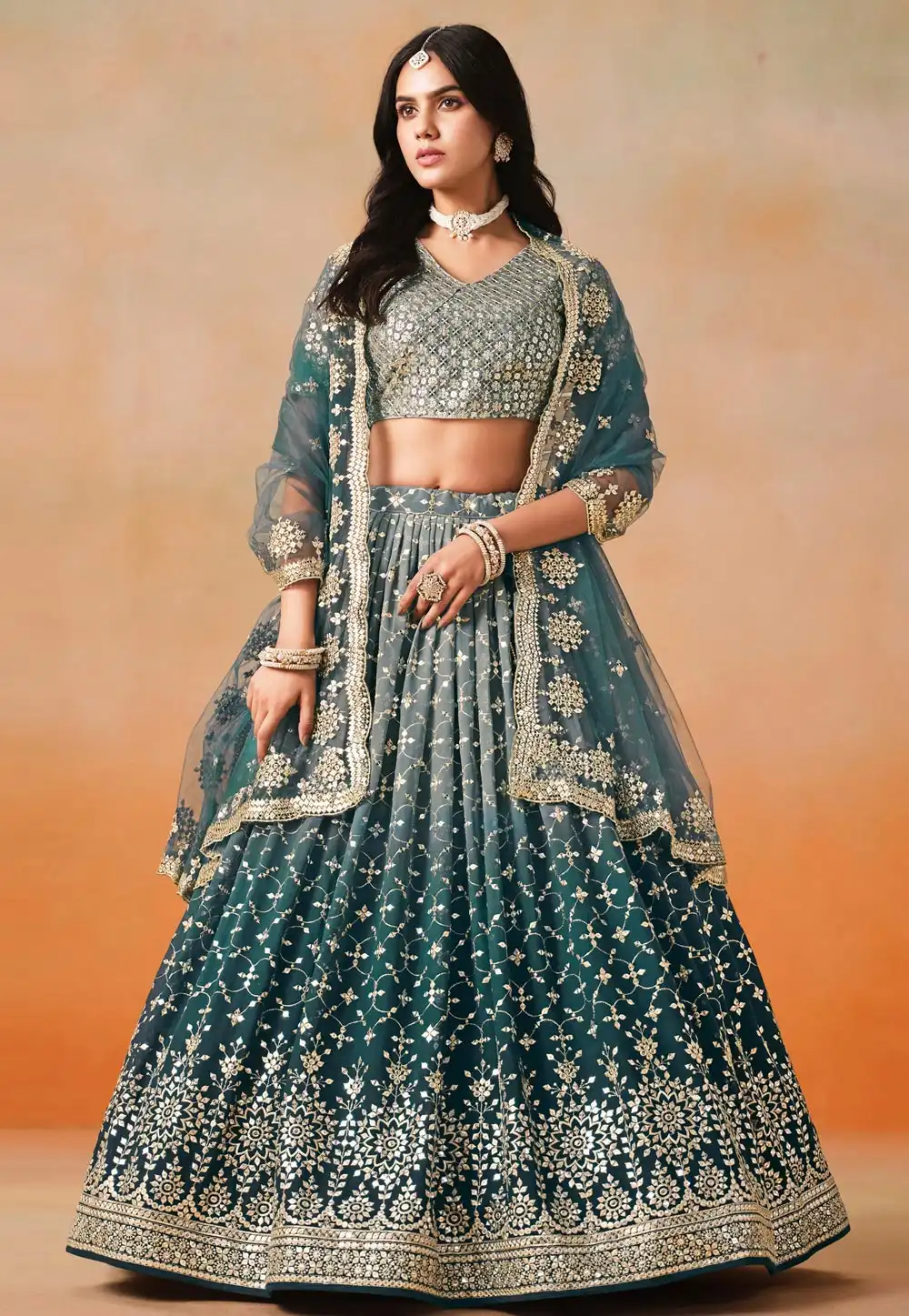 Teal Georgette Lehenga Choli 311640