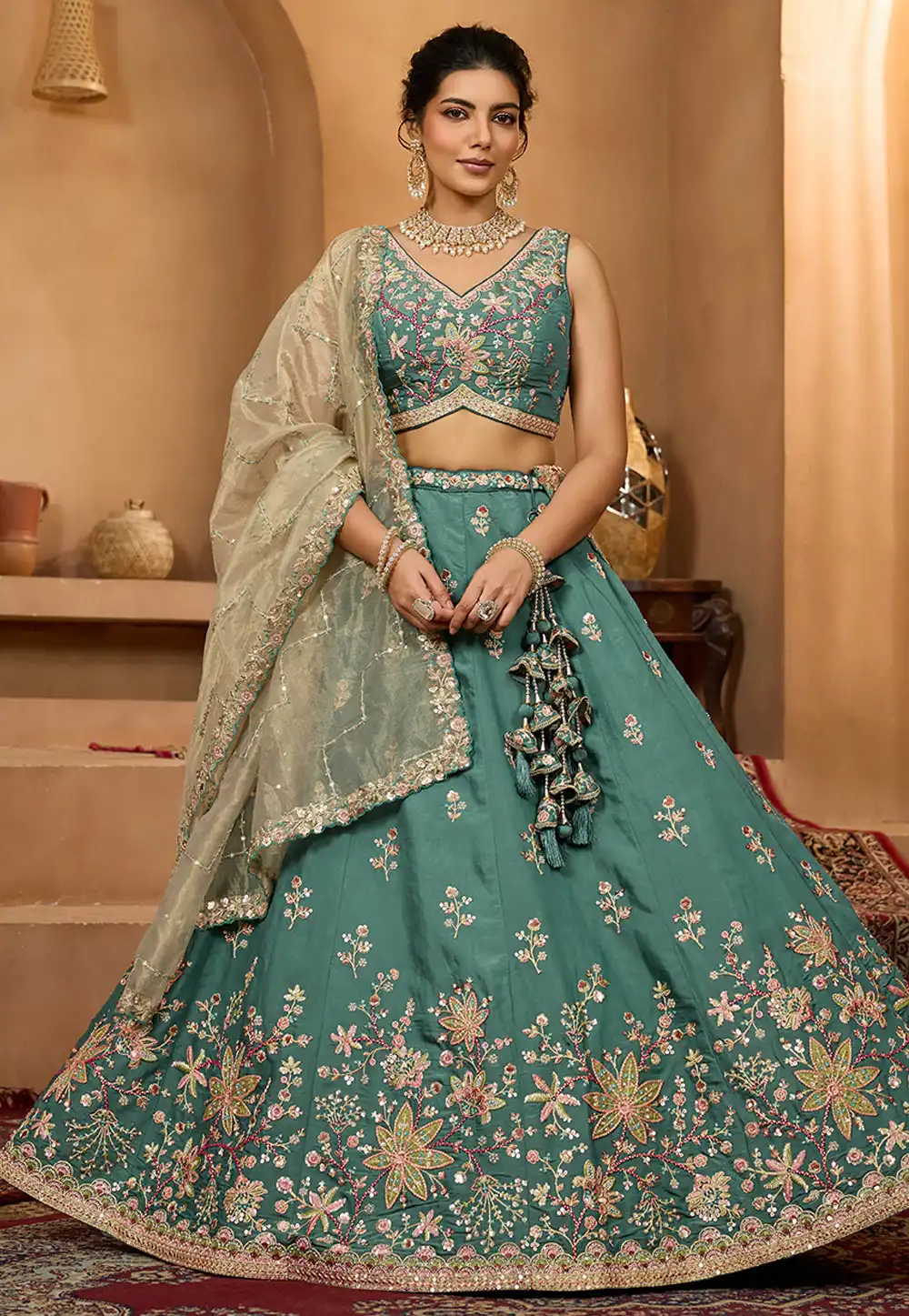 Teal Georgette Lehenga Choli For Wedding 318096