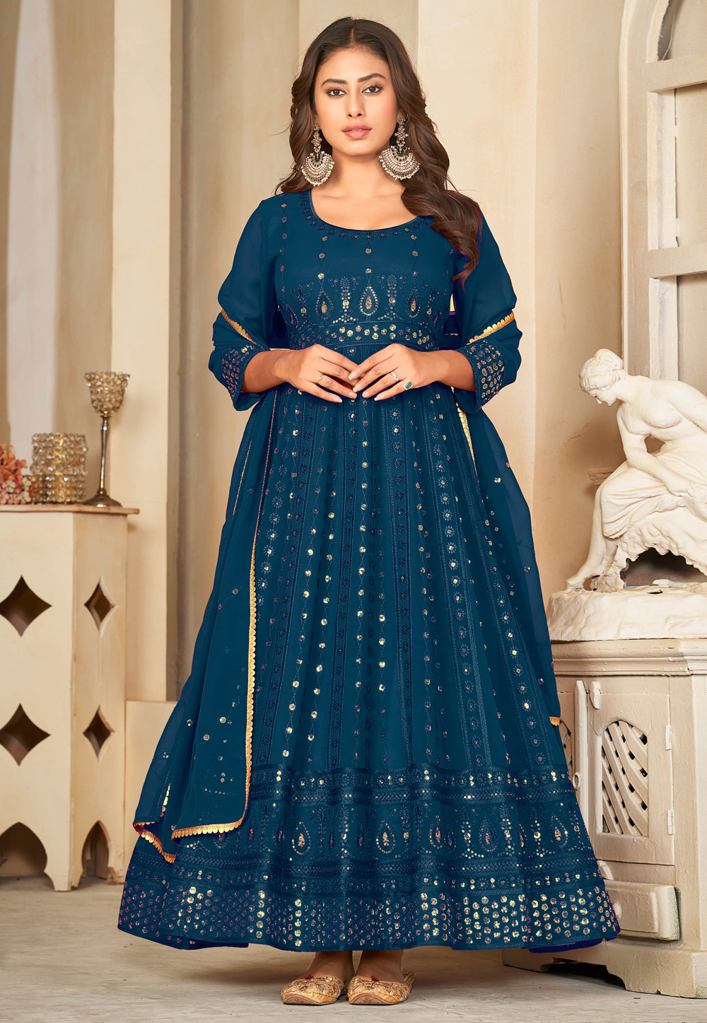 Teal Georgette Long Anarkali Suit 282443