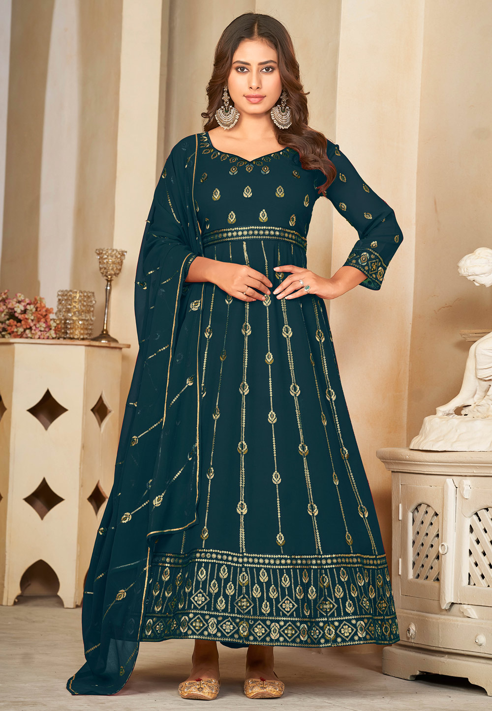 Teal Georgette Long Anarkali Suit 282445