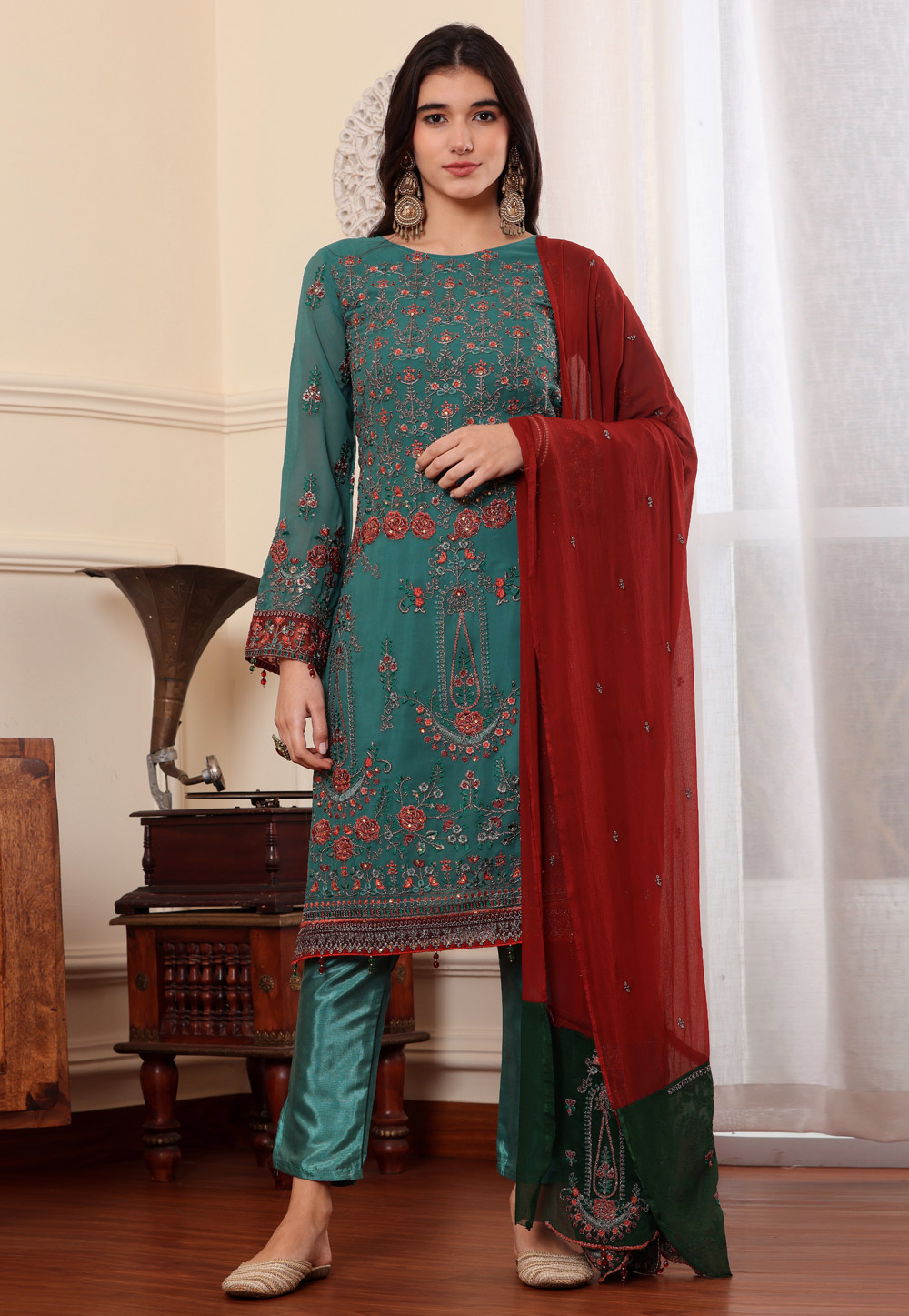 Teal Georgette Pakistani Suit 284393