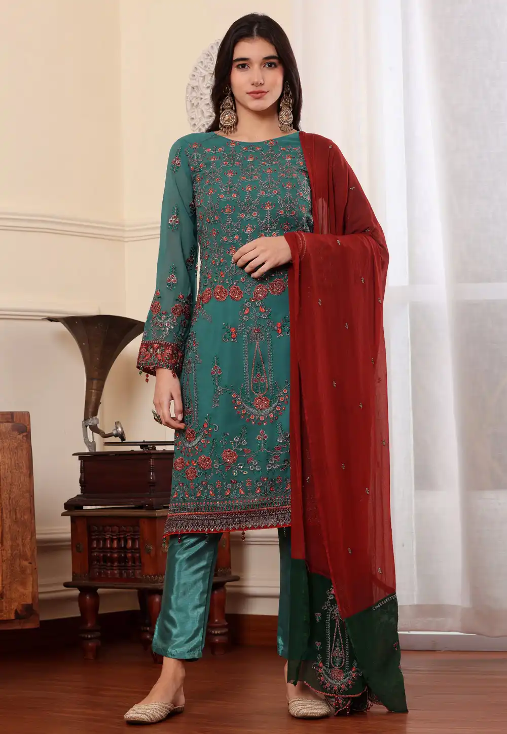 Teal Georgette Pakistani Suit 284393
