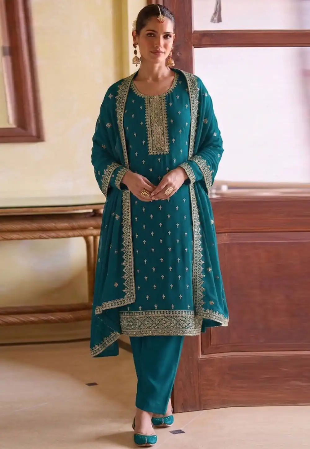 Teal Georgette Pakistani Suit 329755