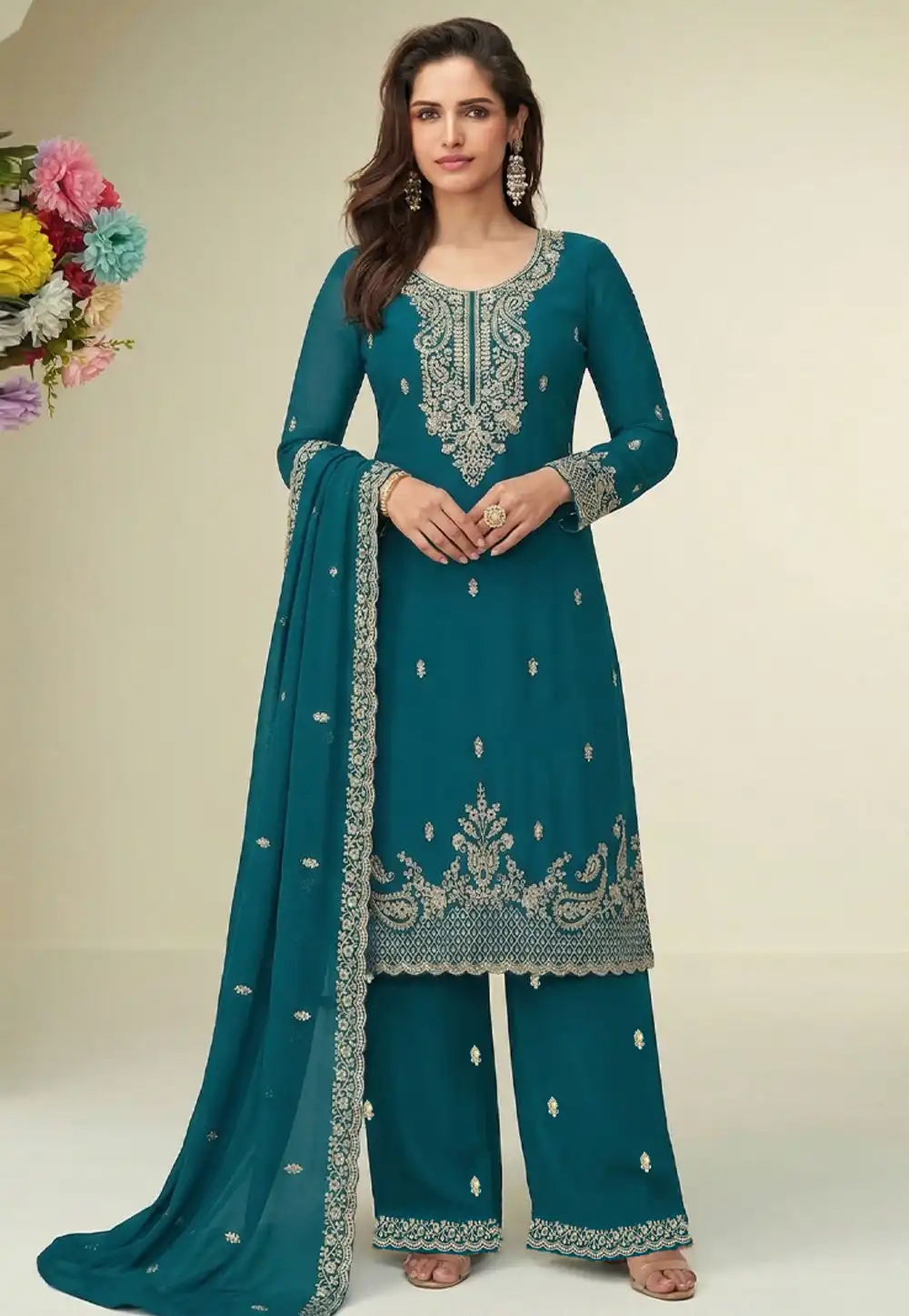 Teal Georgette Palazzo Suit 329750