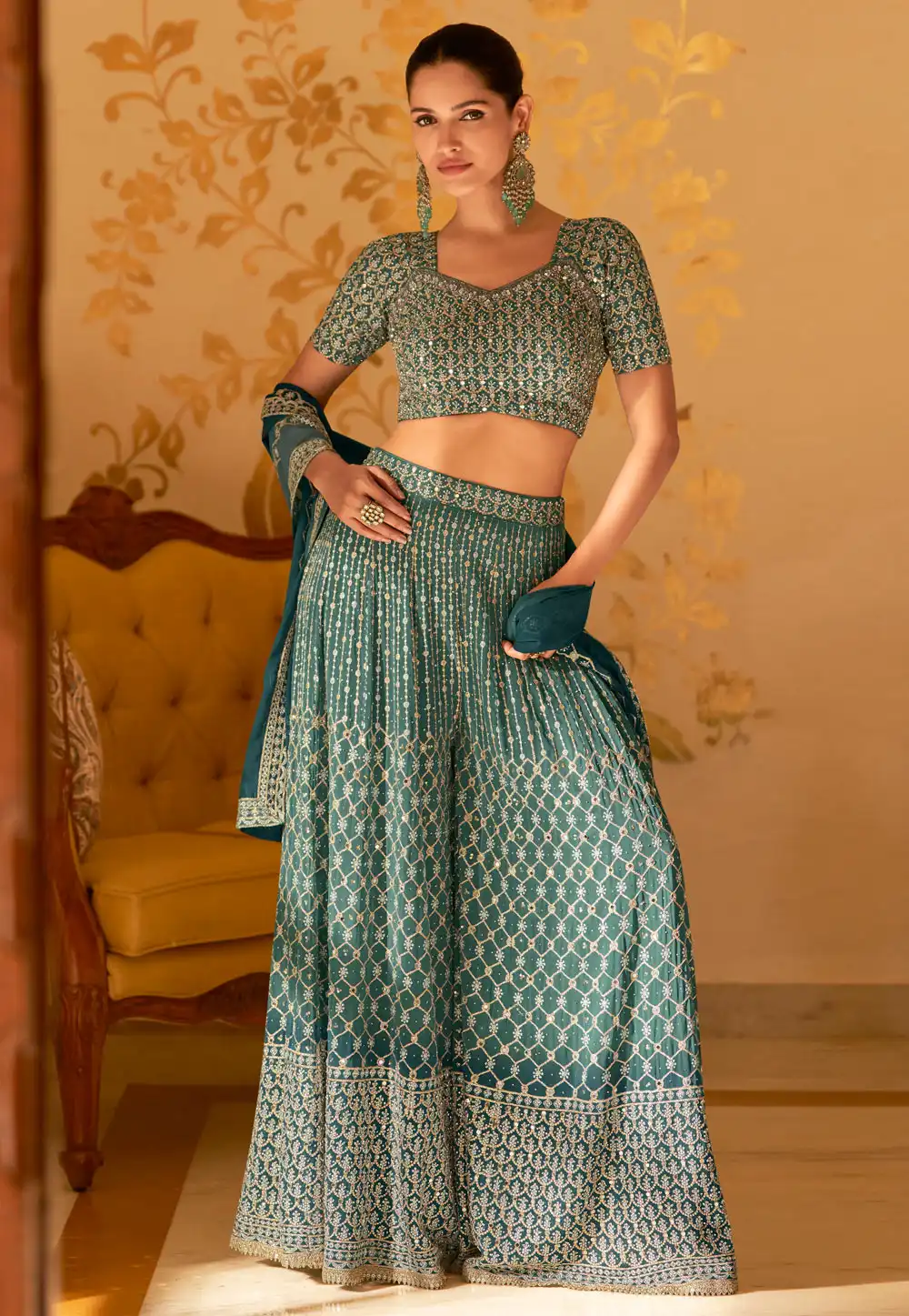 Teal Georgette Palazzo With Crop Top 318752