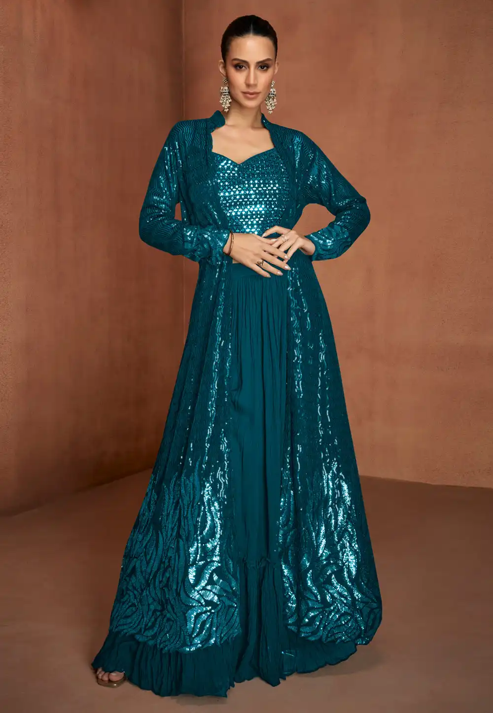 Teal Georgette Palazzo With Crop Top 325300