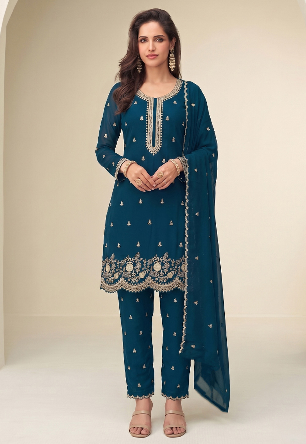 Teal Georgette Pant Style Suit 329784