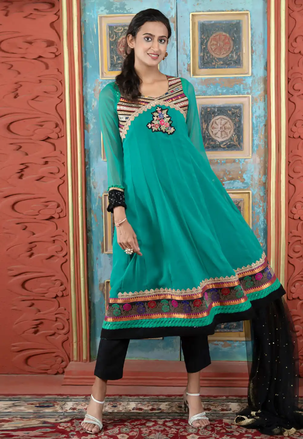 Teal Georgette Readymade Anarkali Suit 313002