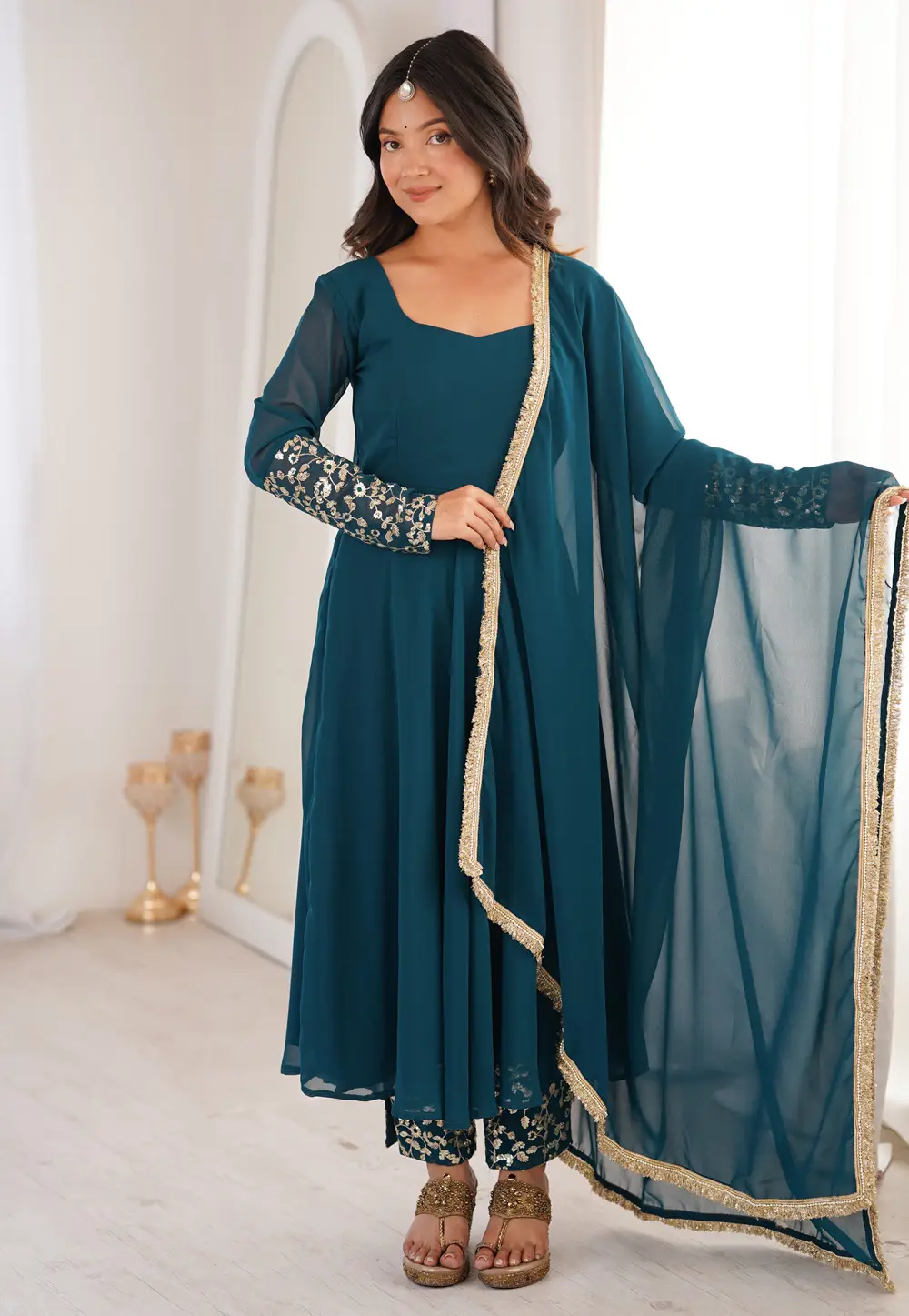 Teal Georgette Readymade Anarkali Suit 334617