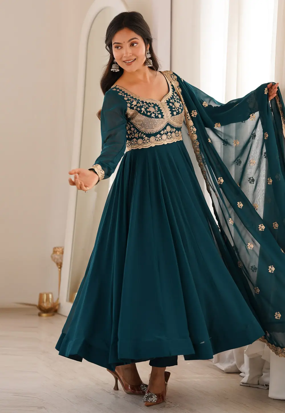 Teal Georgette Readymade Anarkali Suit 335378